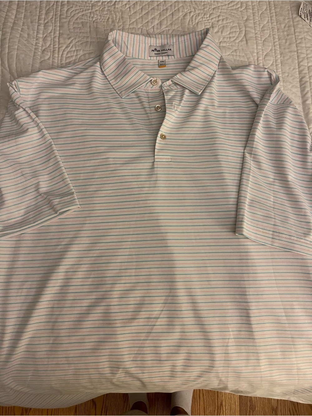 Peter Millar Pastel Striped Men’s Polo — White with Blue & Pink Stripes